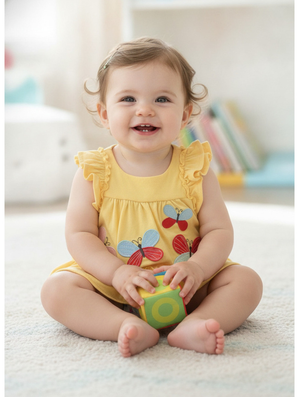 Baby Essentials 6 months Yellow Butterfly Ruffle Top Printed Shorts Set outfit
